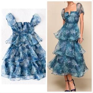 NWT Lulus Darling Vision Teal Floral Organza Puff Sleeve Tiered Midi Dress XXL